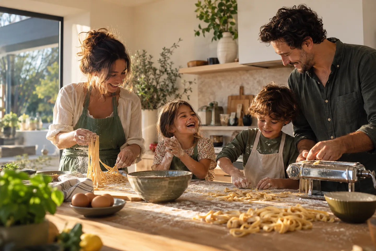 An illustrative family scene: making pasta together in a sunlit kitchen